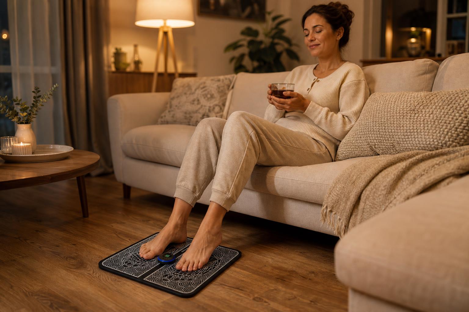 Mujer relajándose en el sofá con los pies sobre la alfombrilla Solea