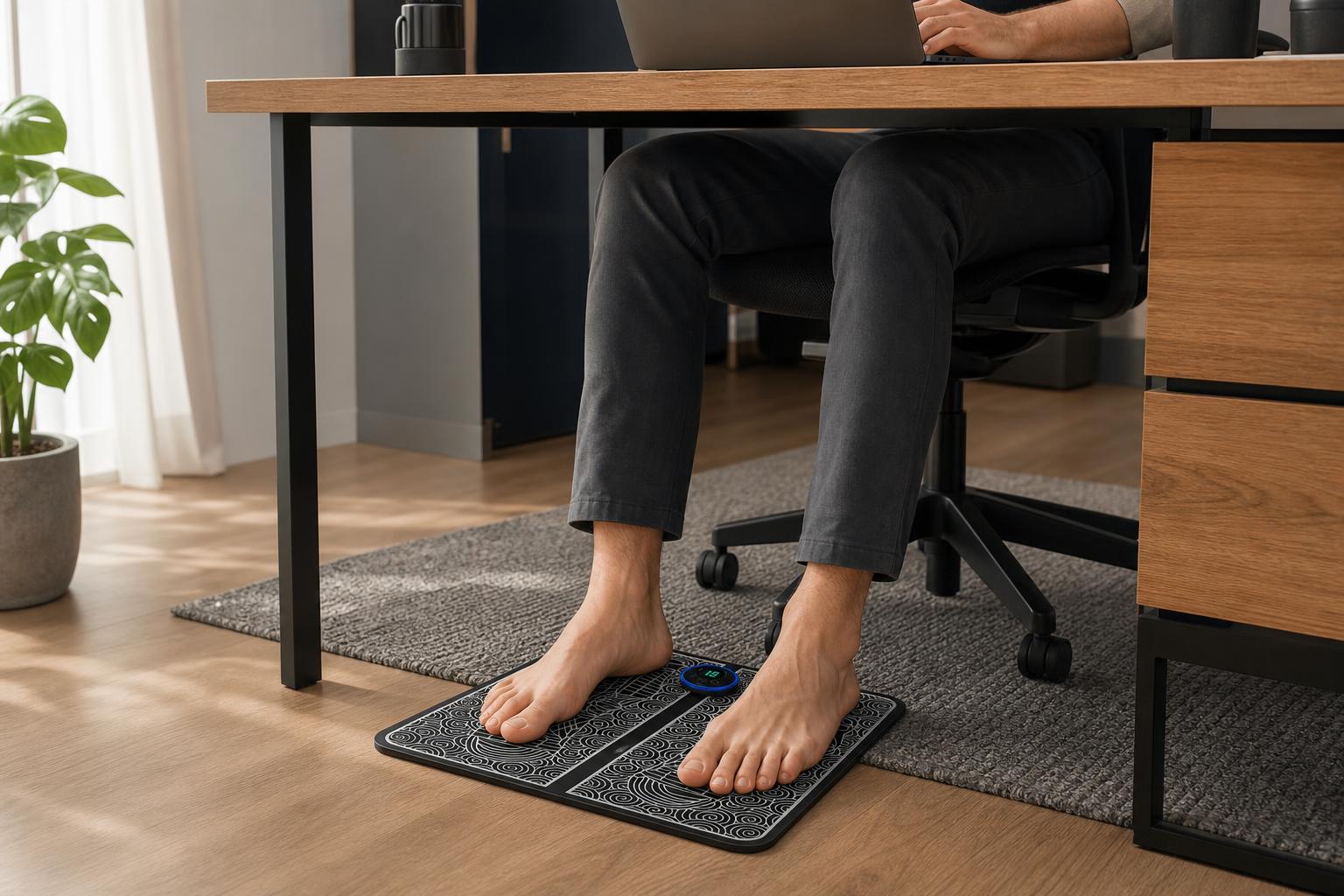 Pies sobre la alfombrilla Solea bajo un escritorio